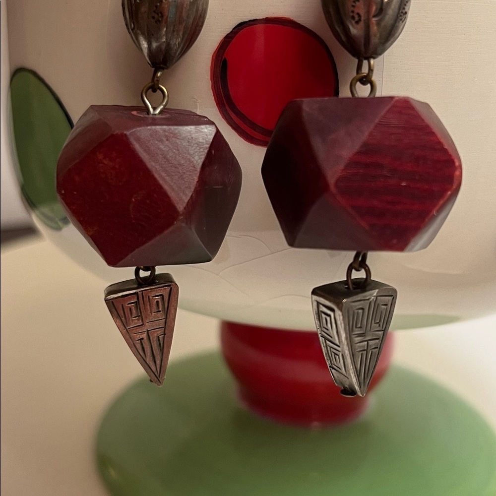 Vintage Silver and Deep Red Wood Earrings - Picture 6 of 10